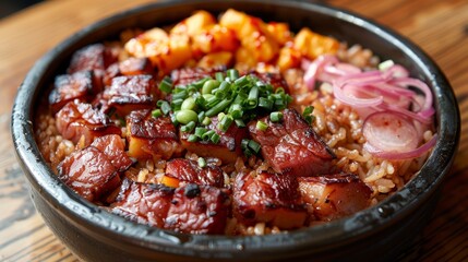   A tight shot of a bowl filled with rice, topped with meat and veggies, accompanied by separate side servings of vegetables