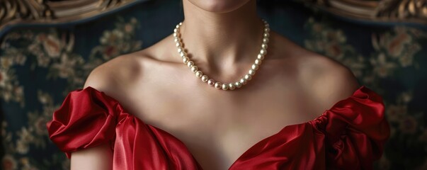 woman's neck and shoulder area, highlighting a pearl necklace alongside her elegant, red embroidered dress