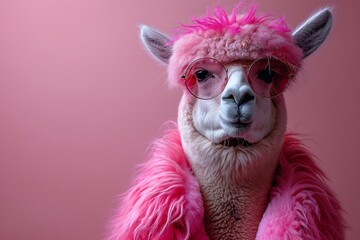 Fototapeta premium Fashionable Llama in Pink Sunglasses and Fluffy Coat on Pink Background
