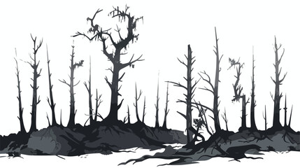 Dead forest with dry burnt trees in black lava fields