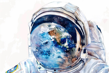 Close-up of an astronaut's helmet, reflecting the Earth, watercolor illustration 