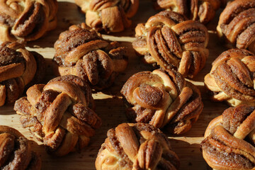 Bakery. Aromatic Cinnamon Buns Closeup. 