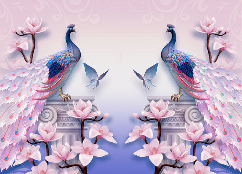 Fototapeta 3D wallpaper , Abstract background with Beautiful pink flowers on branch , peacock standing on pillar 