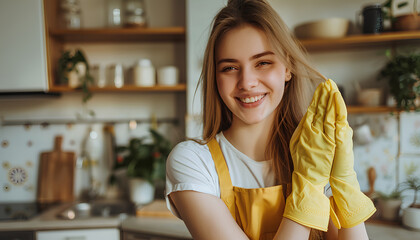 Young woman putting on rubber gloves before cleaning her house