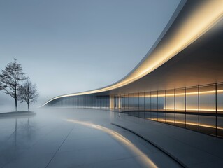 A modern architecture design with sleek curves and ambient lighting under a foggy sky, reflected on a polished surface.