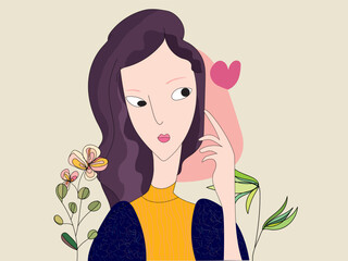 girl with curly long hair doodle style contour	
