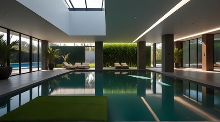 Expansive indoor villa pool and artificial green turf.generative.ai