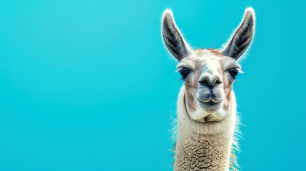 Obraz premium Cute Llama. Simple alpaca head on blue background