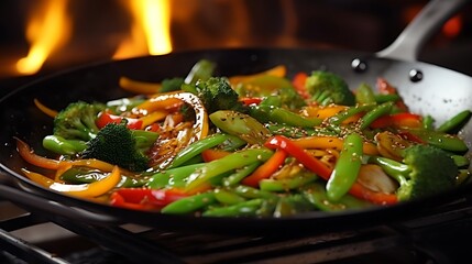 A vibrant vegetable stir-fry sizzling in a hot wok, featuring colorful bell peppers, broccoli florets, snap peas, and carrots, seasoned to perfection.