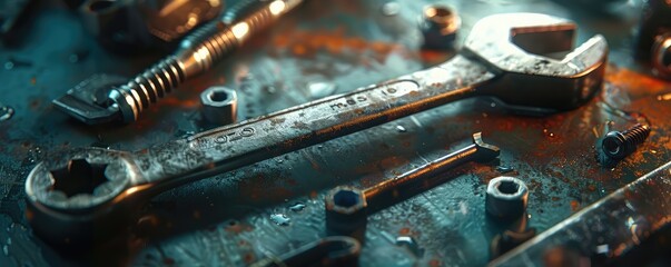 rusty wrench and bolt, showcasing textures and reflections on a wet, dark surface