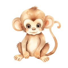 Fototapeta premium AI-Generated Watercolor Cute Baby Monkey sitting Clip Art Illustration. Isolated elements on a white background.