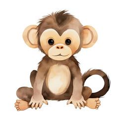 Obraz premium AI-Generated Watercolor Cute Baby Monkey sitting Clip Art Illustration. Isolated elements on a white background.