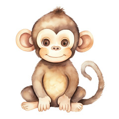 Naklejka premium AI-Generated Watercolor Cute Baby Monkey sitting Clip Art Illustration. Isolated elements on a white background.