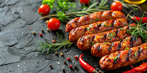 Grilled sausages garnished with herbs and spices on a dark slate background, ready to be served