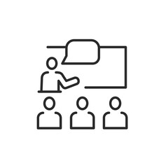 Presentation icon. Simple illustration of an instructor giving a speech with a speech bubble in front of an audience, ideal for depicting educational lectures, seminars. Vector illustration