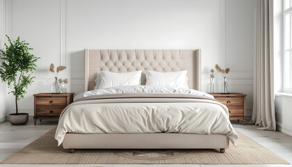 Interior of light bedroom with bedside tables and big bed