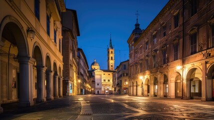 Fototapeta premium Discovering: Pristine Square Portici and Towering Architecture of Hidden Gem