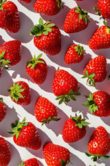 Fresh sunlit strawberries arranged in a beautiful pattern on a white surface with a bright sunny...