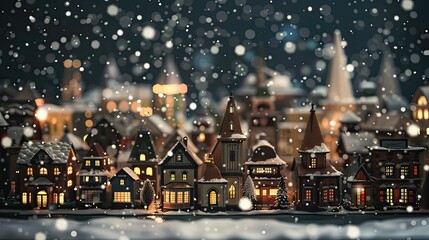 Obraz premium Christmas village with Snow in vintage style. Winter Village Landscape