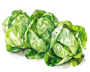 Farm Fresh Watercolor Lettuce. Harvested Vegetables for a Healthy and Delicious Vegan Diet