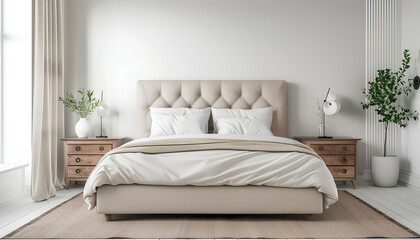 Fototapeta premium Interior of light bedroom with bedside tables and big bed