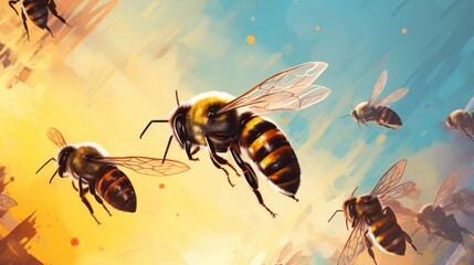 A group of bees fly over a colorful background