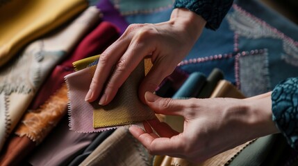 Obraz premium Textile designer selecting fabric swatches, close view of hands and colors, clear focus, studio lighting.