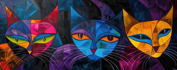 A vibrant, multicolored illustration of stylized cats in profile, with intricate abstract patterns and designs