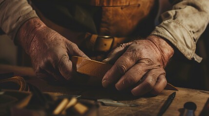 Close-up of a leather craftsman tooling a belt, focused on hands and tools, detailed texture, workshop light.