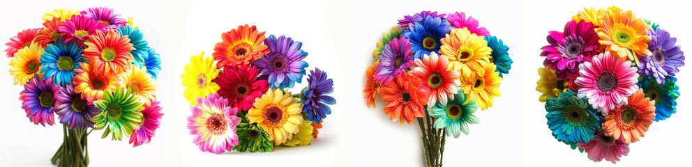bouquet of rainbow-colored gerbera daisies and rainbow roses for a cheerful display on a white isolate background.