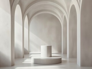 Modern minimalist interior with elegant arches and a cylindrical podium bathed in natural light.