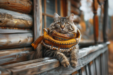 Cat in a warm autumn sweater on the background of old wooden house. Autumn theme.	