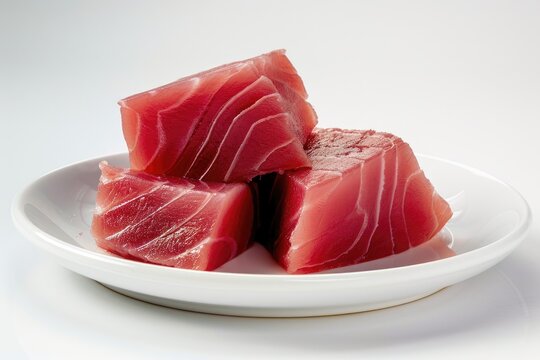 Crumbly Tuna on White Plate. Delicious Piece of Cooked Fish Isolated on White Background