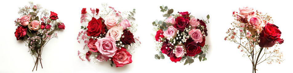 romantic bouquet of red and pink roses with baby's breath on a white isolate background.