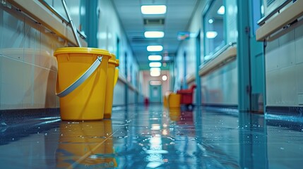 A yellow bucket with a handle is sitting on a wet floor