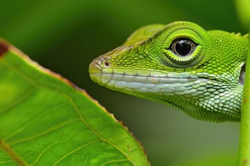 Fototapeta premium Closeup of a Wild Green Anole Lizard with Striking Eye. Beautiful Reptile in Natural Habitat