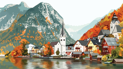 Famous Hallstatt village in Alps mountains Austria. B