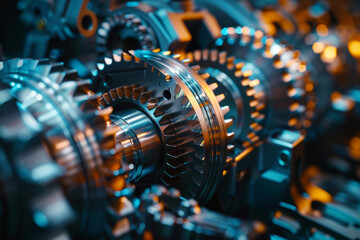Fototapeta premium Close-up of mechanical gears and components, intricate engineering design, metallic textures, workshop environment 