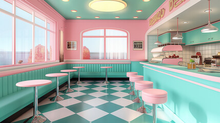 Cute vintage ice cream parlor interior with a pink and turquoise color scheme and pastel colors. Retro ice cream parlor: Sweet pastel nostalgia.