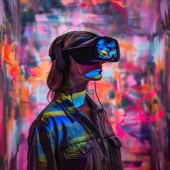 Woman in neon light wearing modern VR headset, virtual reality goggles. Futuristic technology