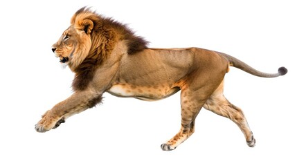 Big Cat in Motion: Side View of Adult Lion Leaping with Dangerous Grace, Isolated on White