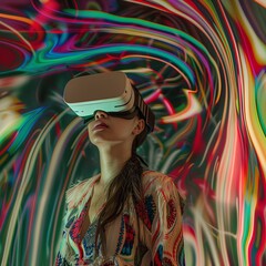Young woman using VR headset, playing virtual game. Futuristic technology, digital innovation,