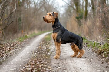 Airedale Terrier in Motionless Profile Pose on Pathway Outside - Perfect for Animal Lovers and Dog