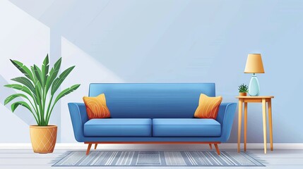 Cozy modern living room interior with blue sofa and decorative plants