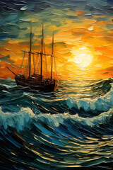 Sailor Ship in a rough sea with a colorful sky at sunset  Van Gogh style, collage style illustrative art. Ancient Sailor Ship among sea waves