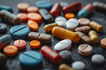 close-up of various pharmaceutical pills and capsules spread out, highlighting the range of modern medicine  