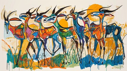Colorful Abstract Antelopes, Dynamic Expressionist Wildlife Art