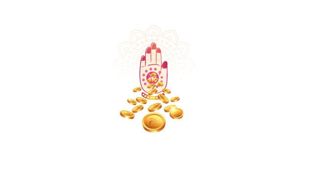 Akshaya Tritiya. Gold coins, money, with Indian goddess lakshmi blessing hand. Vector illustration.