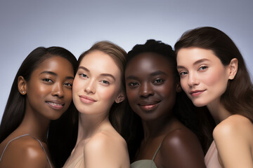 Fototapeta premium Four women of different skin tones are standing together, smiling for a photo