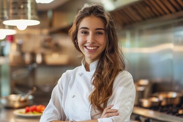 Beautiful Young Chef with Arms Crossed in Kitchen - Smiling and Confident